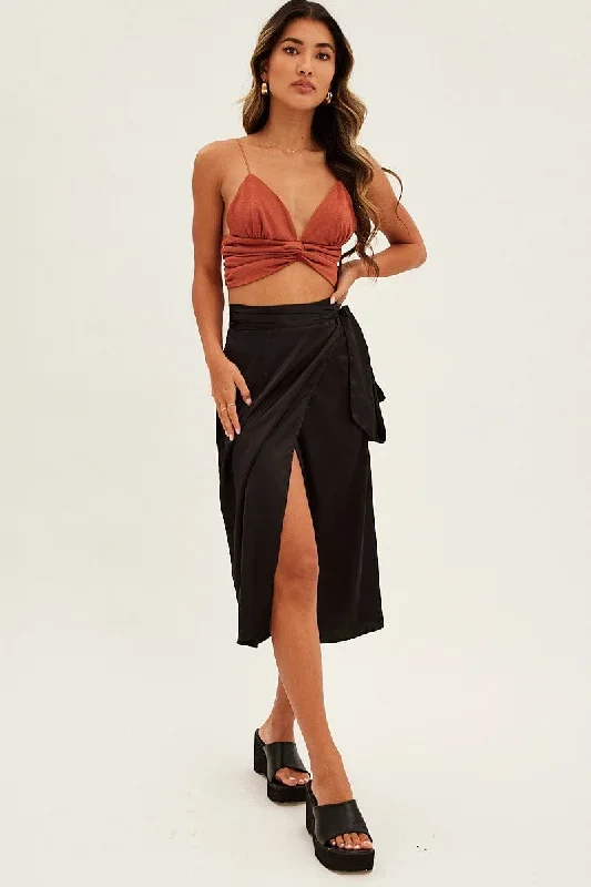 Black Tie Front Satin Midi Skirt