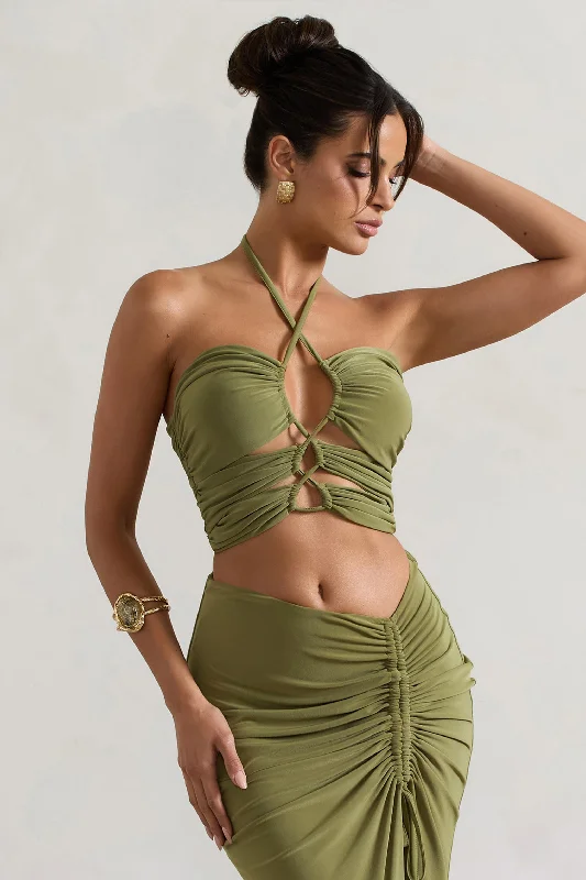 Bora Bora | Olive Ruched Halter-Neck Cut-Out Top