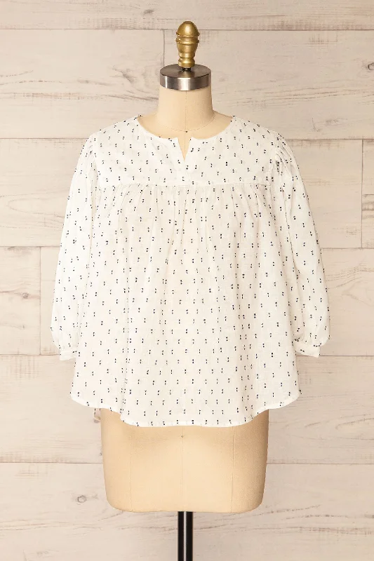 Brampton | White 3/4 Sleeve Blouse w/ Embroidery