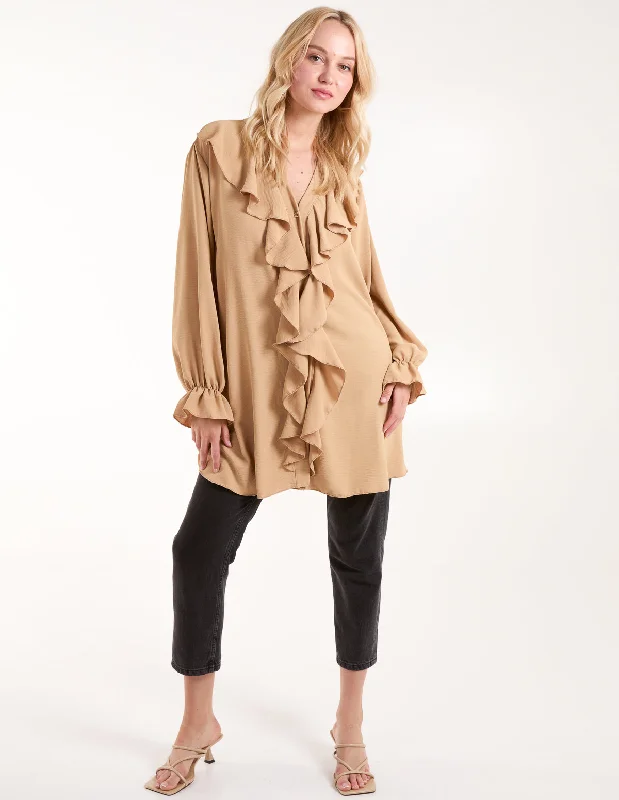 camel-ruffle-collar-sleeve-tunic