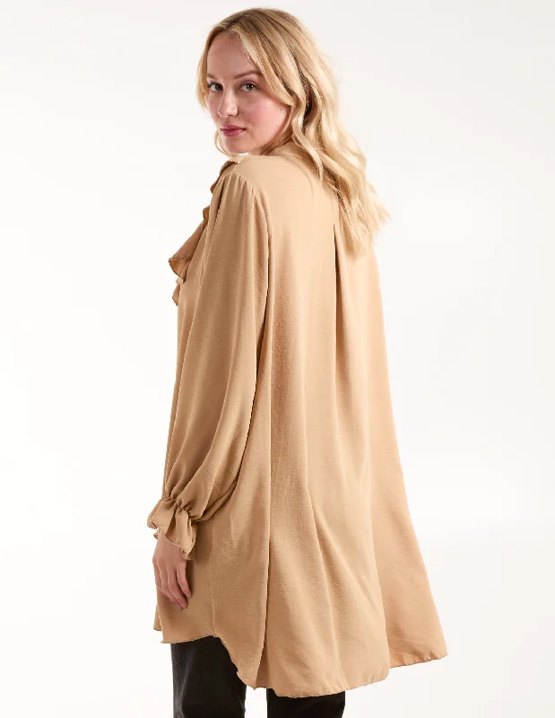 camel-ruffle-collar-sleeve-tunic