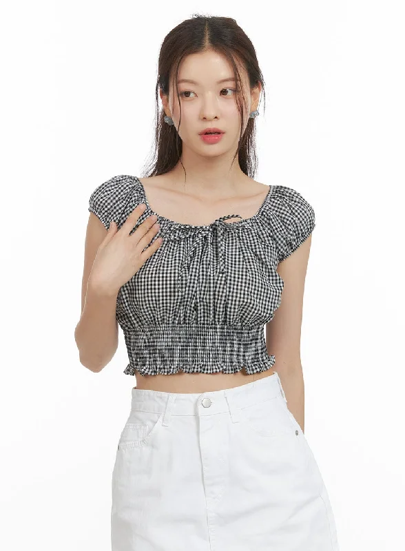 Checkered Bubble Sleeve Crop Blouse OY421