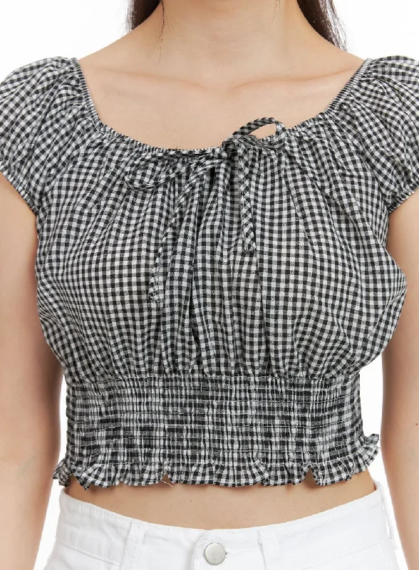 checkered-bubble-sleeve-crop-blouse-oy421