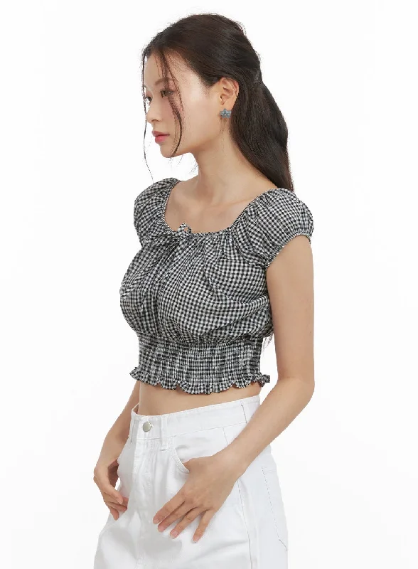 checkered-bubble-sleeve-crop-blouse-oy421