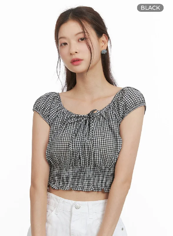 checkered-bubble-sleeve-crop-blouse-oy421