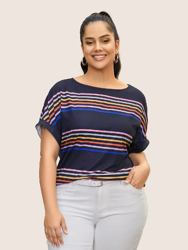 Colored Striped Boat Neck Batwing Sleeve T-shirt