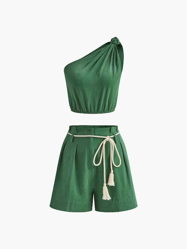 Cotton Asymmetrical Belted Short Set