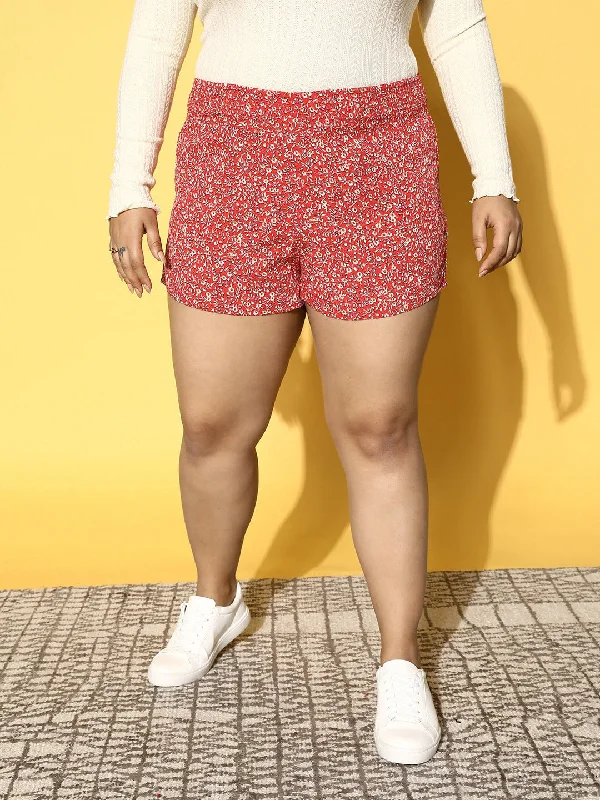 Berrylush Women Plus Size Red & White Floral Printed Polyester Slip-On High-Rise Waist Mini Shorts