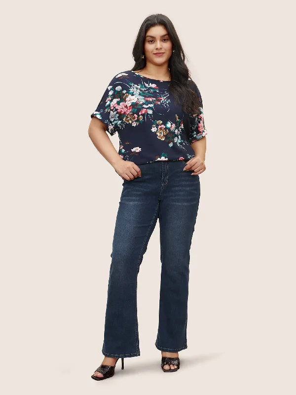 floral-print-crew-neck-cuffed-sleeve-t-shirt