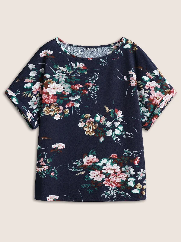 floral-print-crew-neck-cuffed-sleeve-t-shirt