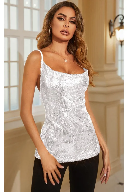 FS Collection Cowl Neck Sequin Cami Top In Sliver White