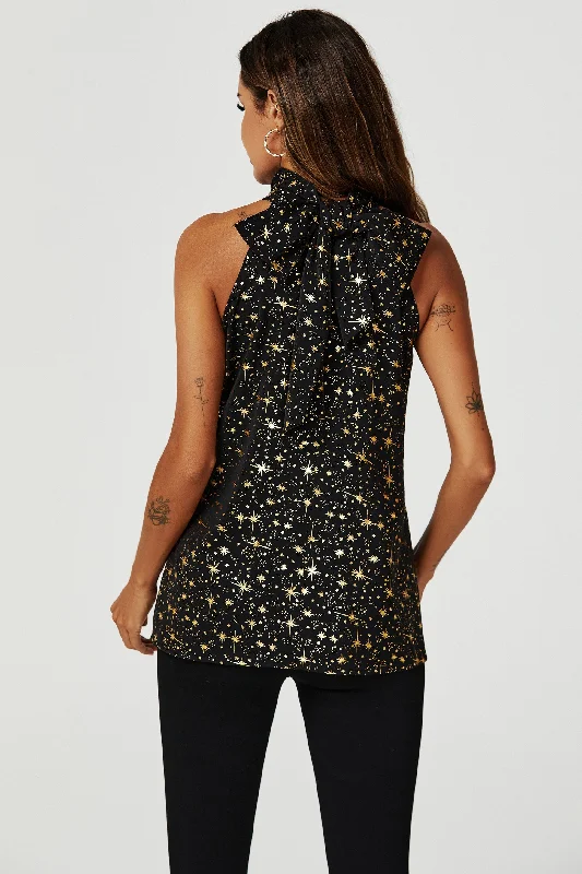 fs-collection-gold-foil-star-halter-neck-tie-back-top-in-black