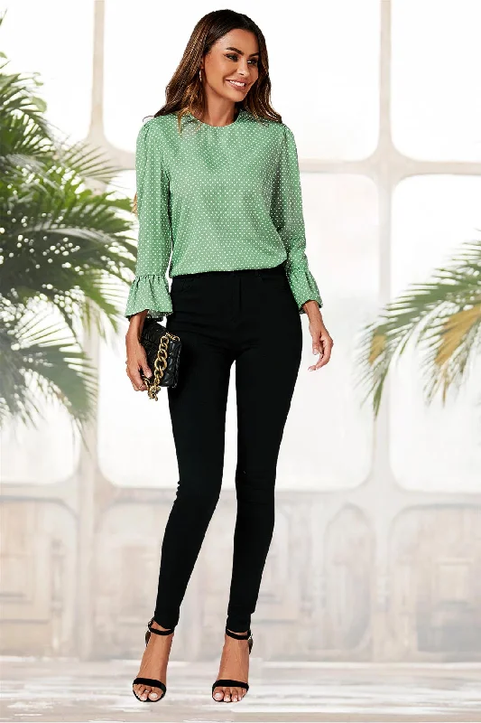 fs-collection-polka-dot-print-frill-detail-cuff-top-in-green