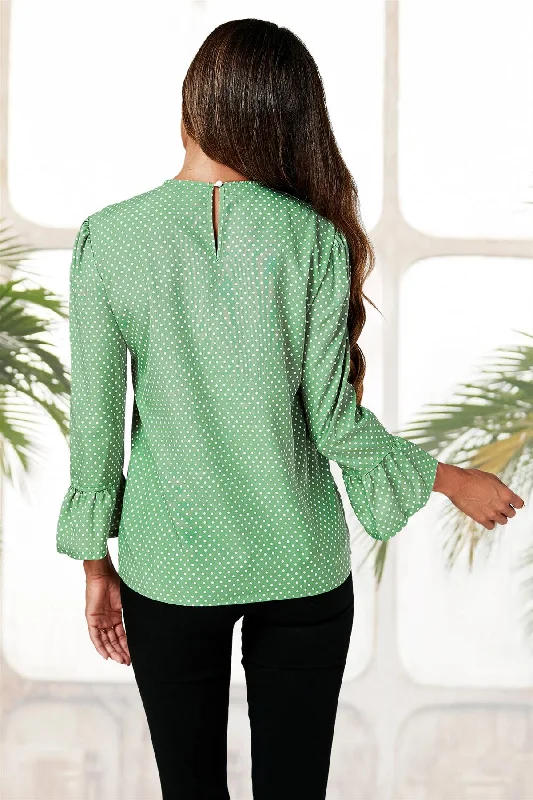 fs-collection-polka-dot-print-frill-detail-cuff-top-in-green