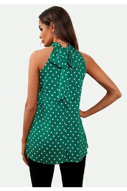 fs-collection-polka-dot-print-halter-neck-tie-back-top-in-green