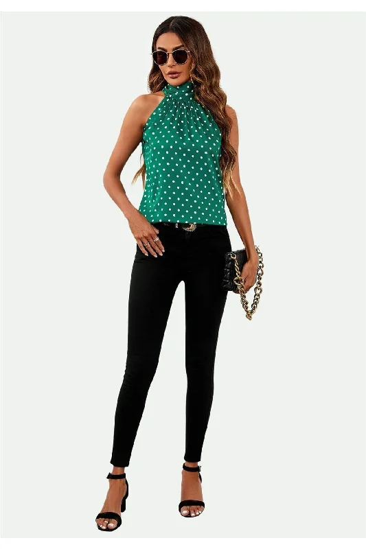 fs-collection-polka-dot-print-halter-neck-tie-back-top-in-green