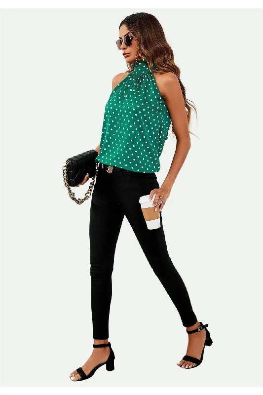 fs-collection-polka-dot-print-halter-neck-tie-back-top-in-green