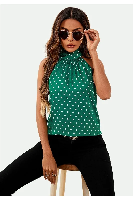 fs-collection-polka-dot-print-halter-neck-tie-back-top-in-green