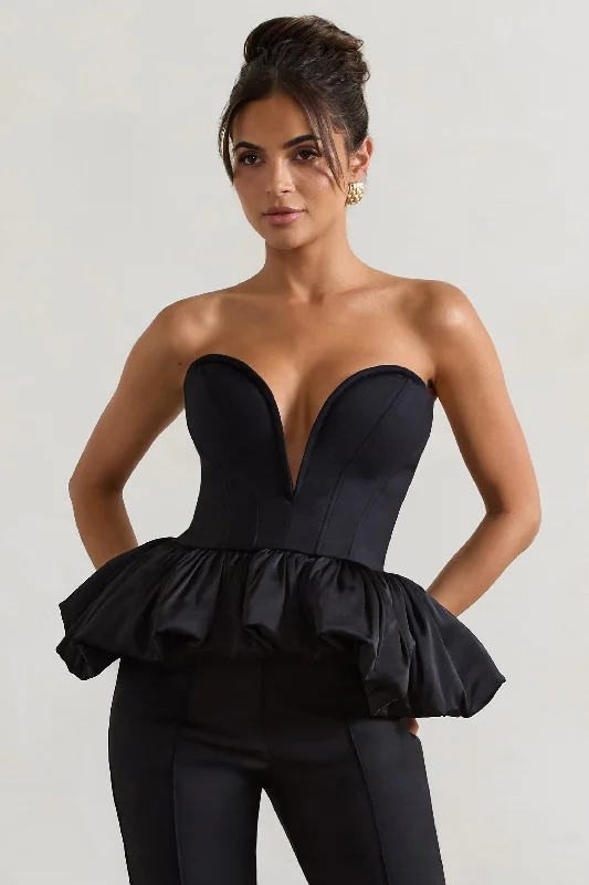 Huntley | Black Sweetheart Corset Top With Satin Puff Hem