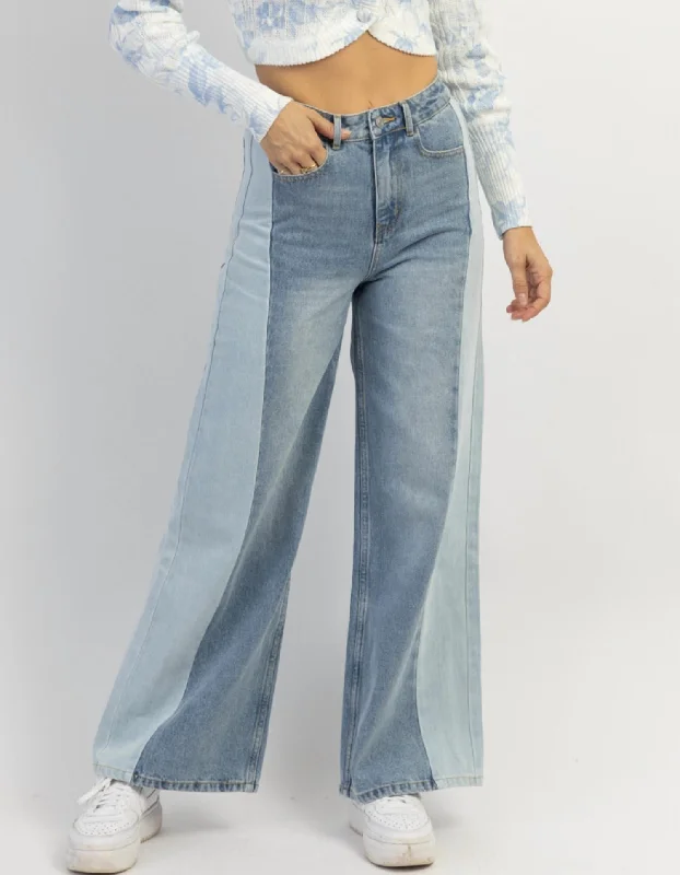 Lilana Colorblock Wide Leg Jean In Blue