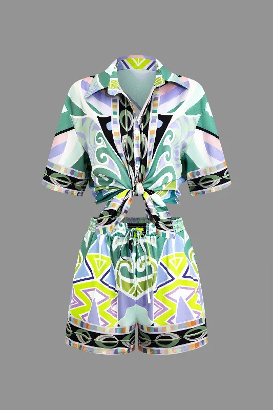 Geometric Print Shirt And Drawstring Shorts Set