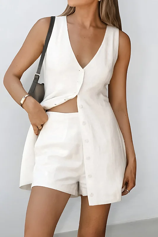 Button Front Sleeveless Top And Shorts Set