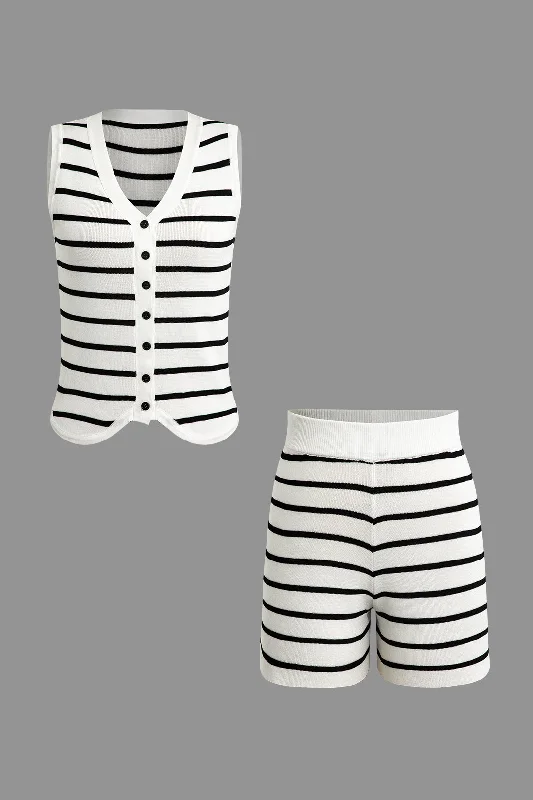 Striped Knit Sleeveless Vest And Shorts Set