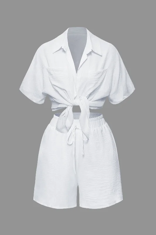 Basic Button Up Chest Pocket Shirt And Tie Waist Shorts Set