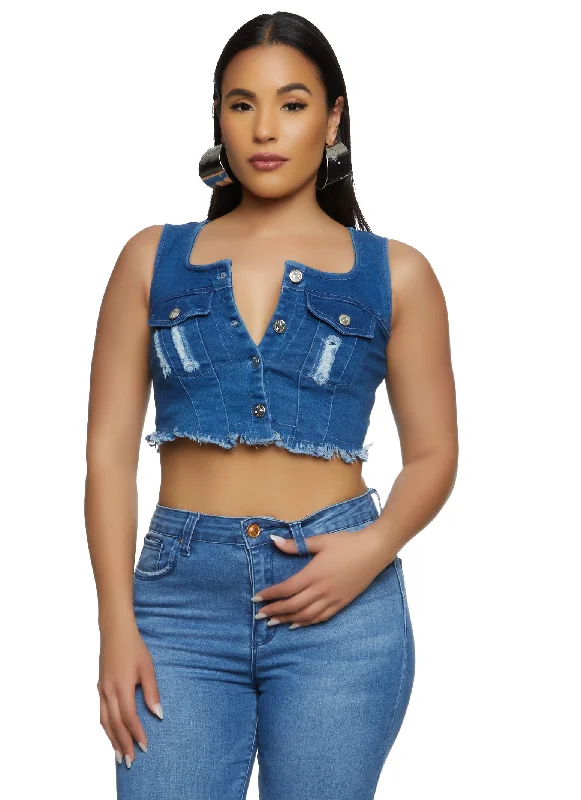 Frayed Hem Button Front Denim Crop Tank Top