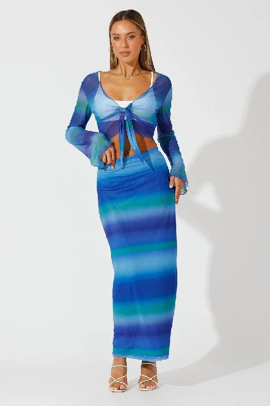 Multi Abstract Maxi Skirt High Rise Mesh