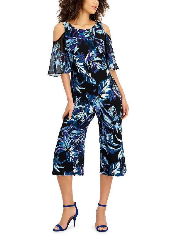 Petites Womens Printed Wide Leg Jumpsuit