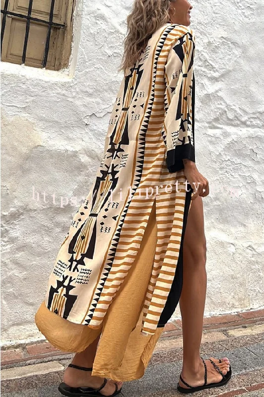 Lilipretty Retro Geometric Ethnic Print Open Front Slit Duster Kimono