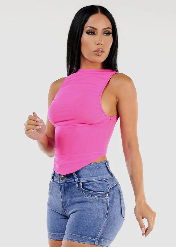 Ruched Sleeveless Mesh Top Neon Fuchsia