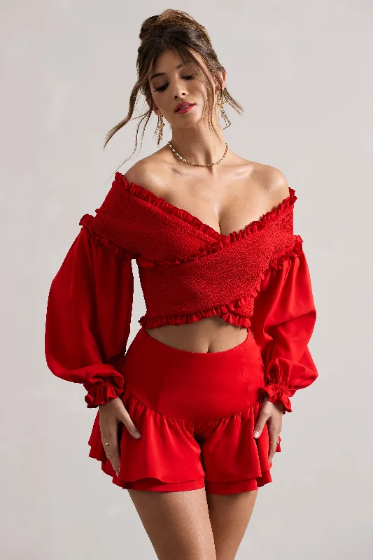 Salara | Red Ruched Bardot Top With Balloon Sleeves