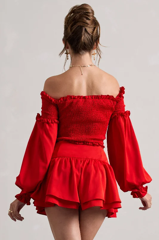 salara-red-ruched-bardot-top-with-balloon-sleeves-cl134719004