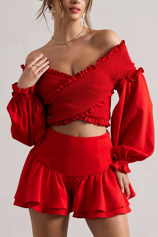 salara-red-ruched-bardot-top-with-balloon-sleeves-cl134719004