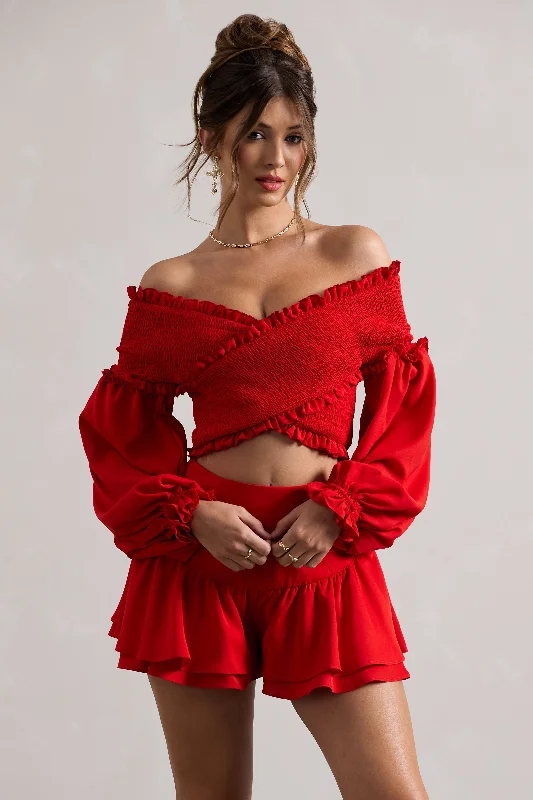 salara-red-ruched-bardot-top-with-balloon-sleeves-cl134719004