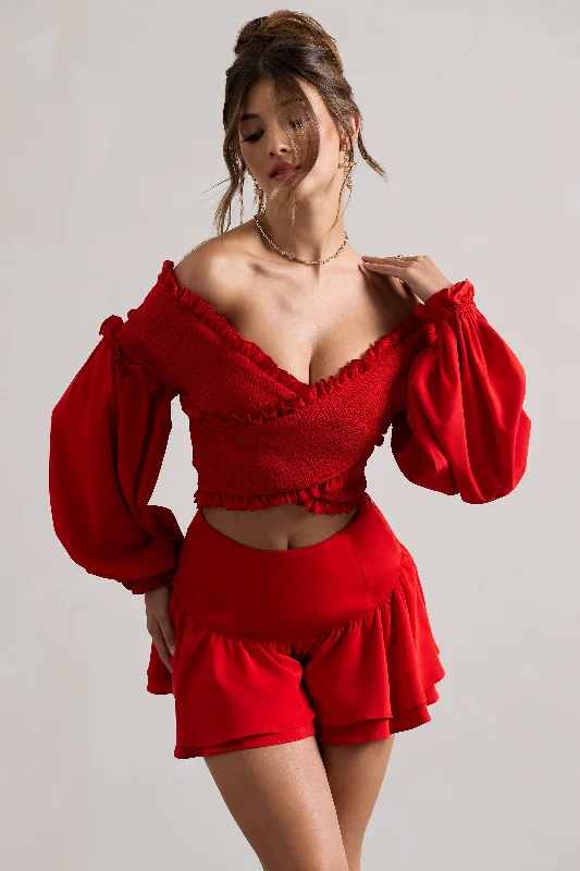 salara-red-ruched-bardot-top-with-balloon-sleeves-cl134719004