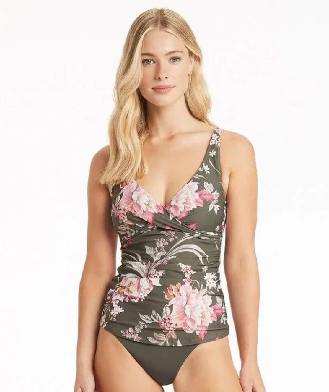 Sea Level Martini Cross Front A-DD Cup Singlet Top - Khaki Floral