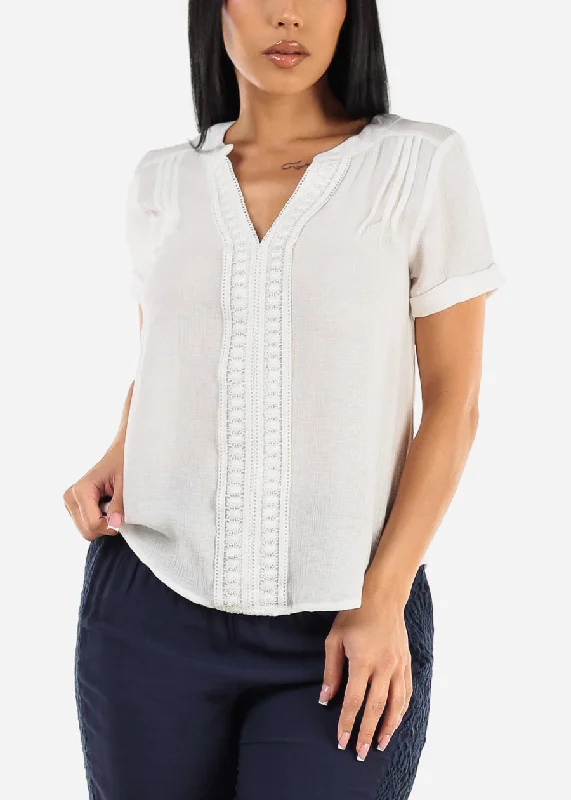 Short Sleeve White Vneck Woven Top w Lace Trim