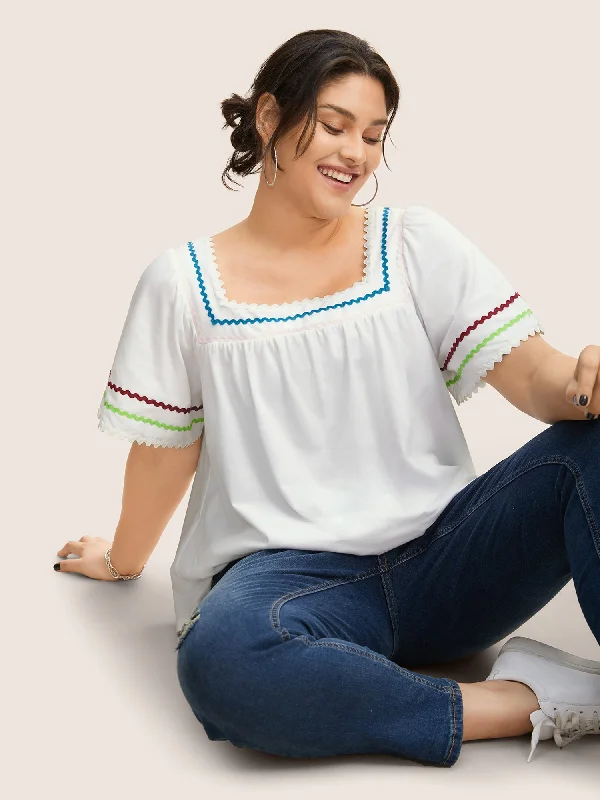 Cotton Woven Ribbon Contrast Ruffle Sleeve T-shirt