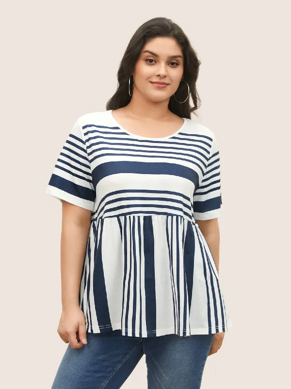 Striped Print Elastic Waist Round Neck T-shirt