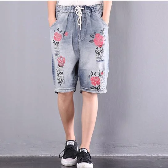 summer new blue roses pritns casual jeans wlastic waist hot pants