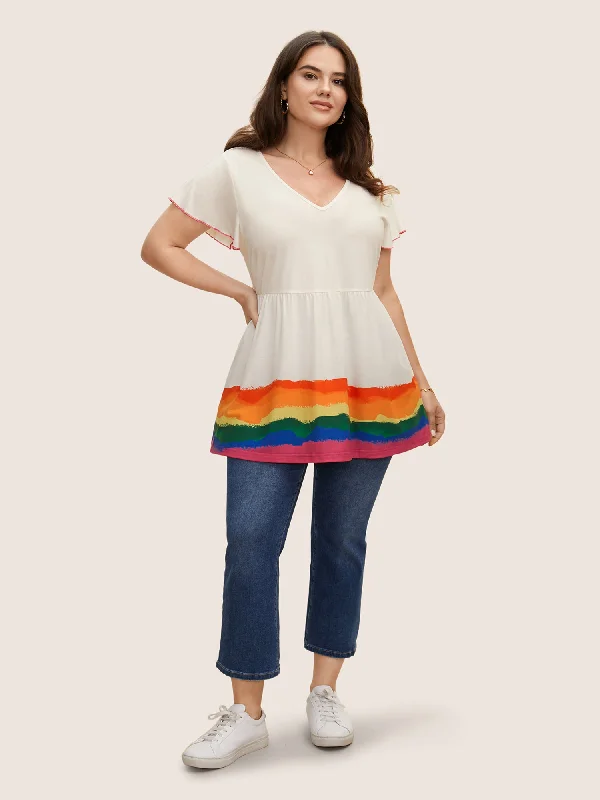 v-neck-colorblock-contrast-ruffle-sleeve-t-shirt