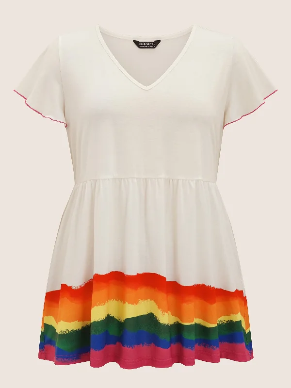 v-neck-colorblock-contrast-ruffle-sleeve-t-shirt