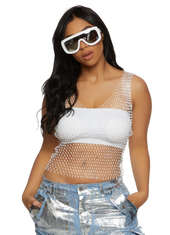 Rhinestone Fishnet Cropped Tank Top