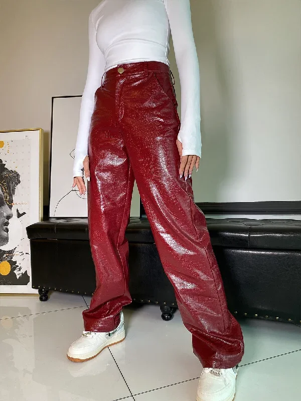 Women Straight Leg Casual Leather Pants