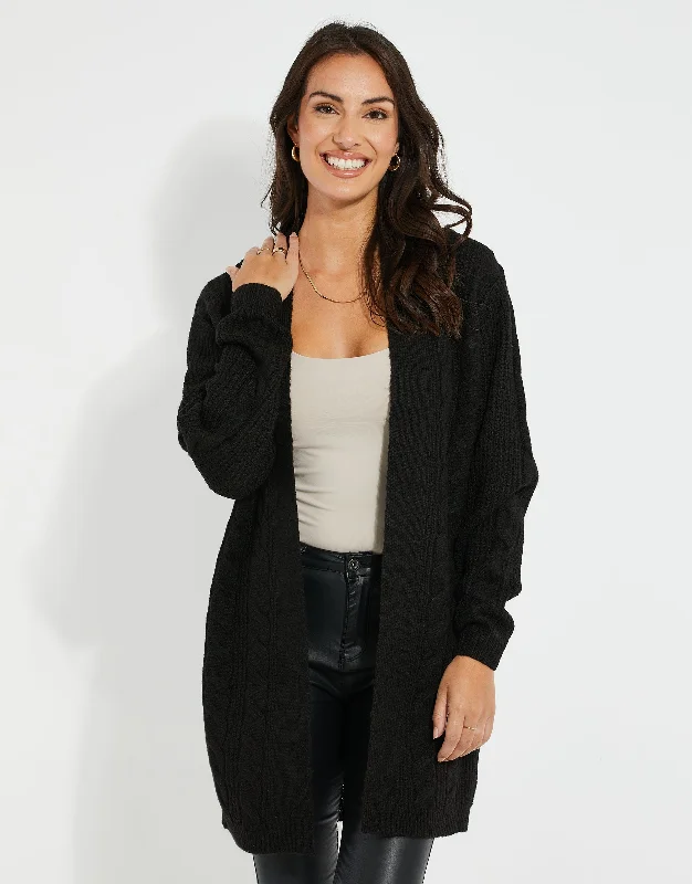 Women's Petite Black Cable Knit Cardigan